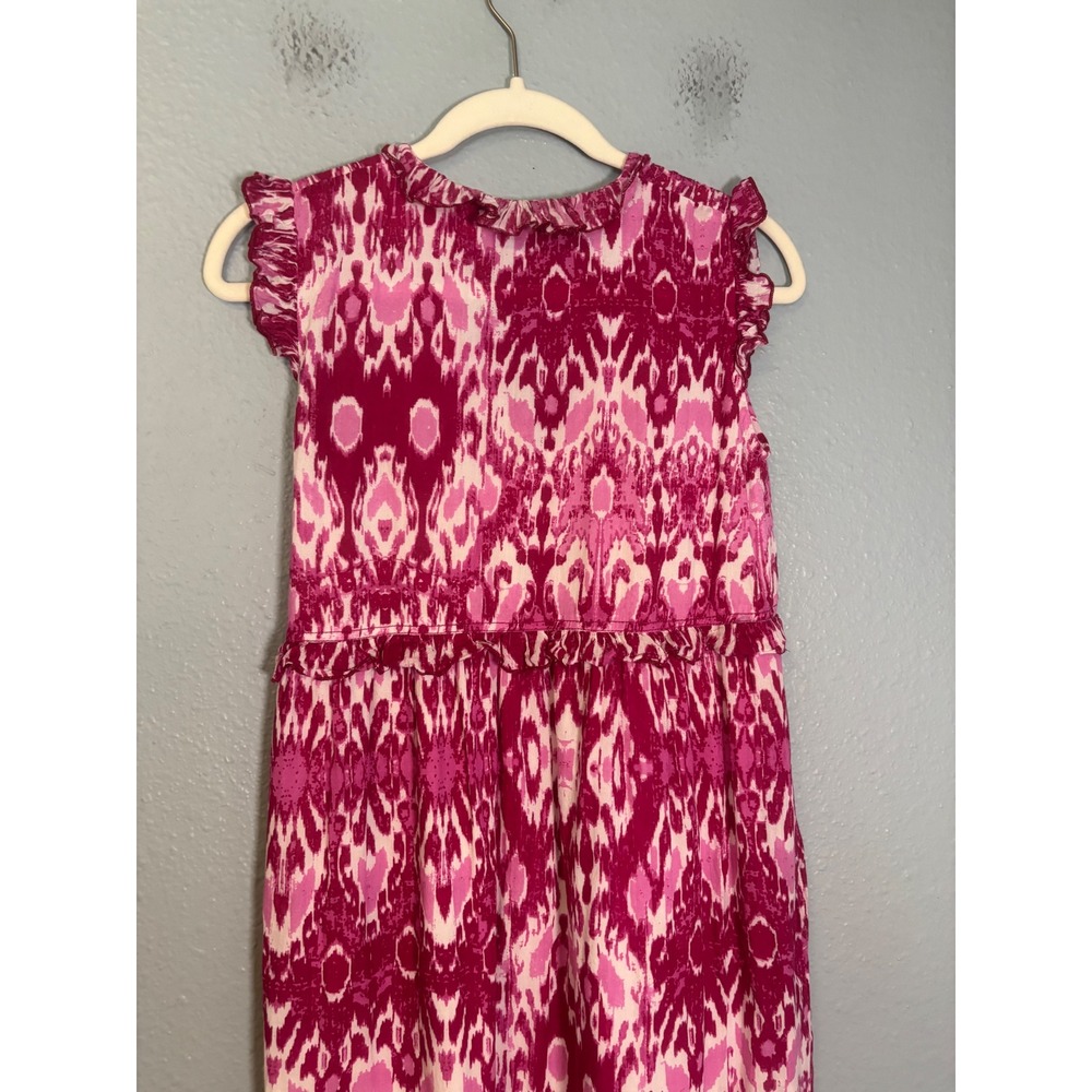 Ros's Garden Pink Ikat Cotton Ruffle Maxi Dress Sleeveless V-Neck XS Boho Tiered - Picture 7 of 9